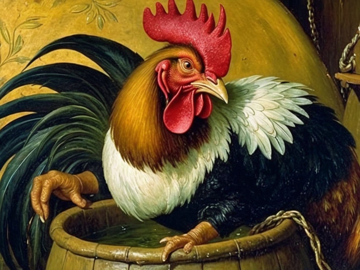 Colorful Rooster on Wooden Barrel with Floral Background