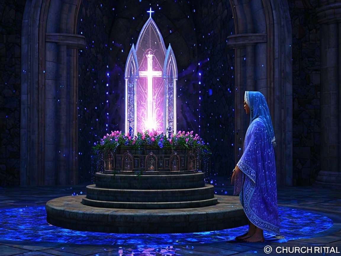 Mystical Scene in a Grand Stone Chamber with Crystal Cross