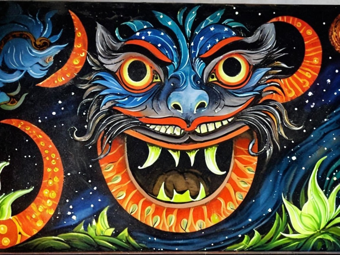 Balinese Painting of a Mythical Creature in Colorful Detail