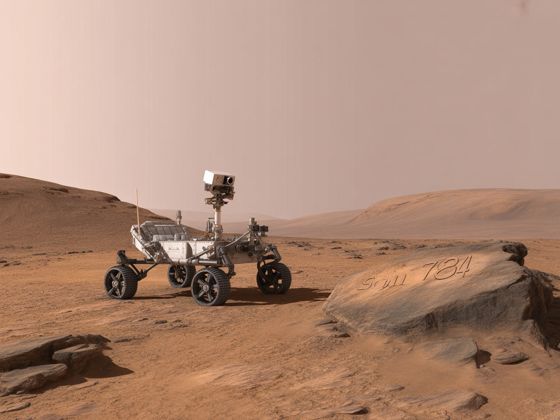 Mars Rover on Reddish Landscape with Engraved Rock