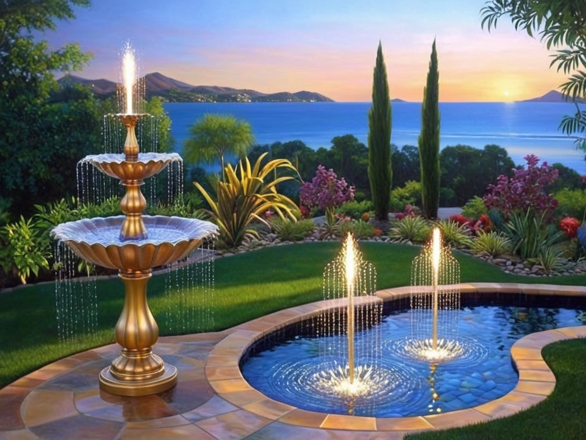 Serene Garden with Golden Fountain and Sunset View