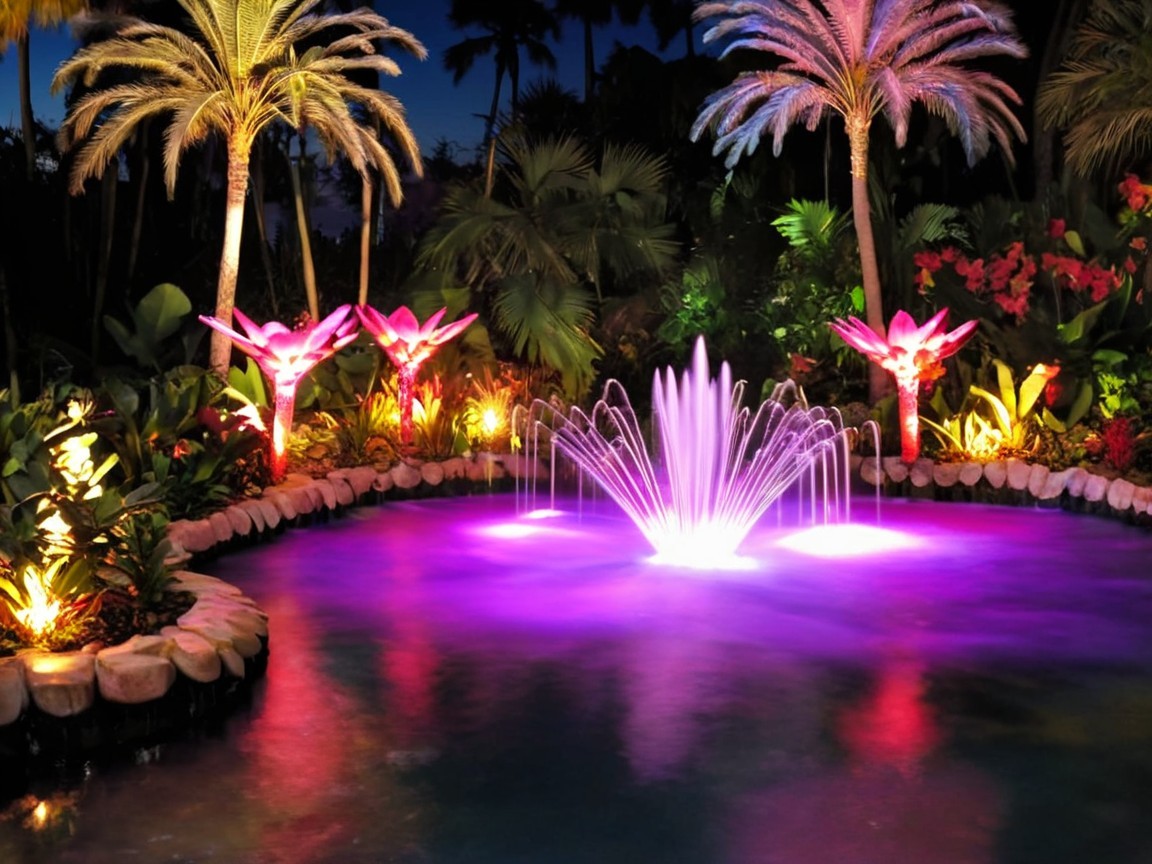 Tranquil Nighttime Pond with Colorful Fountain Display