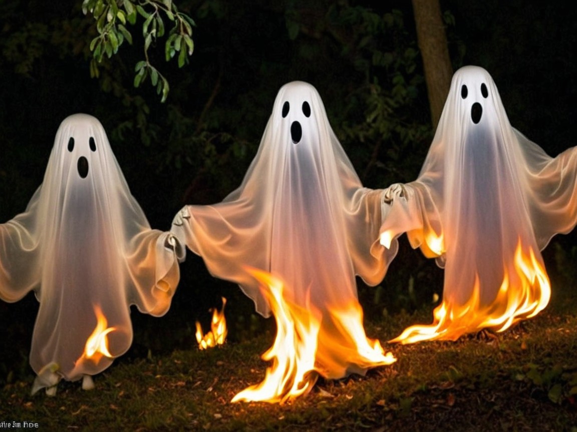 Whimsical Ghosts in a Dark Forest Setting for Halloween
