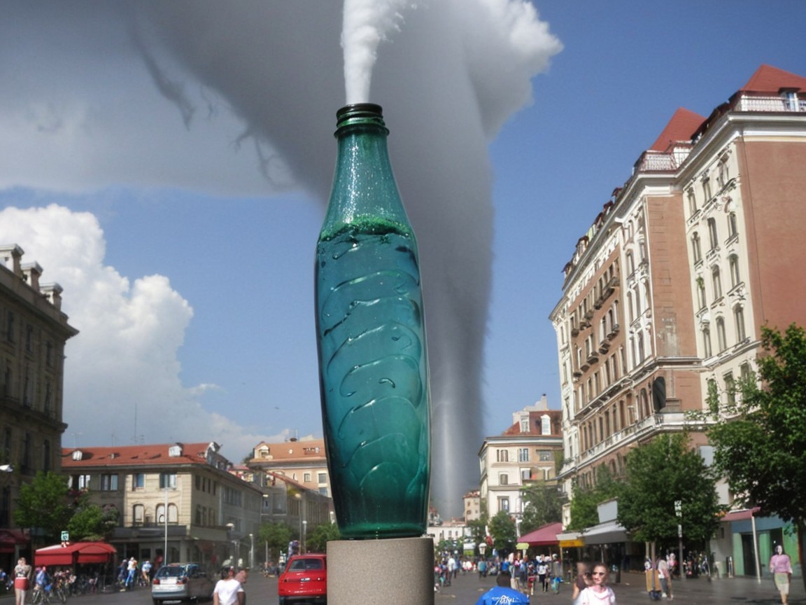 Turquoise Glass Bottle with Smoke in Urban Scene