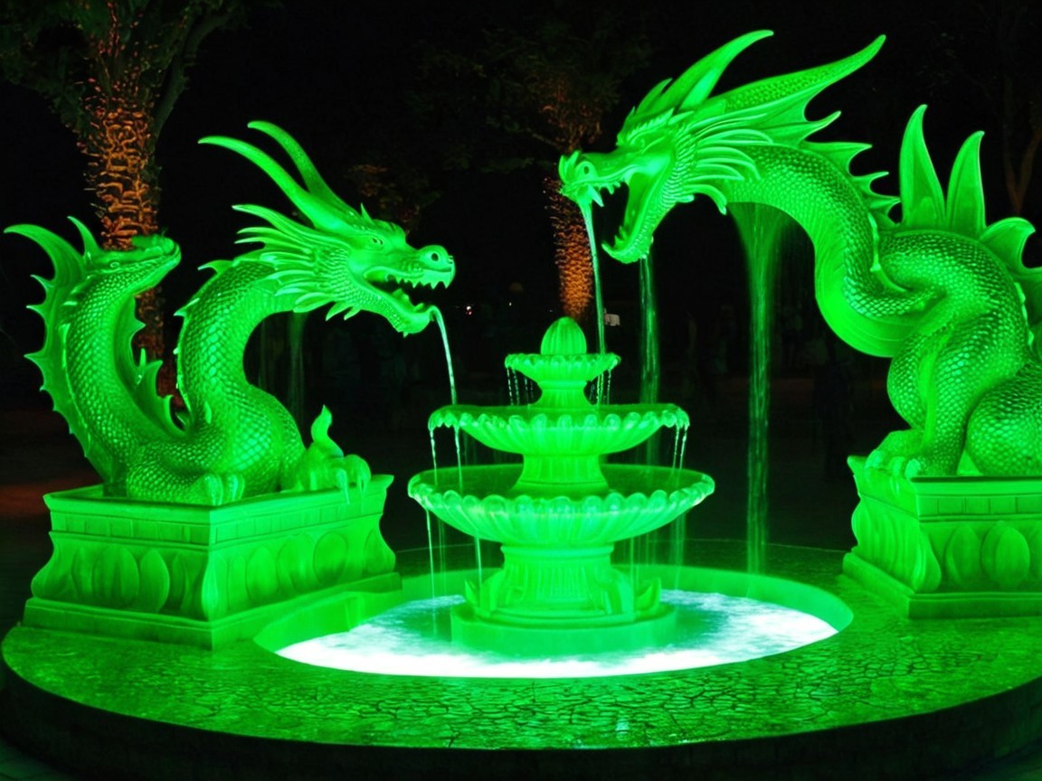 Intricate fountain with green dragon sculptures and water