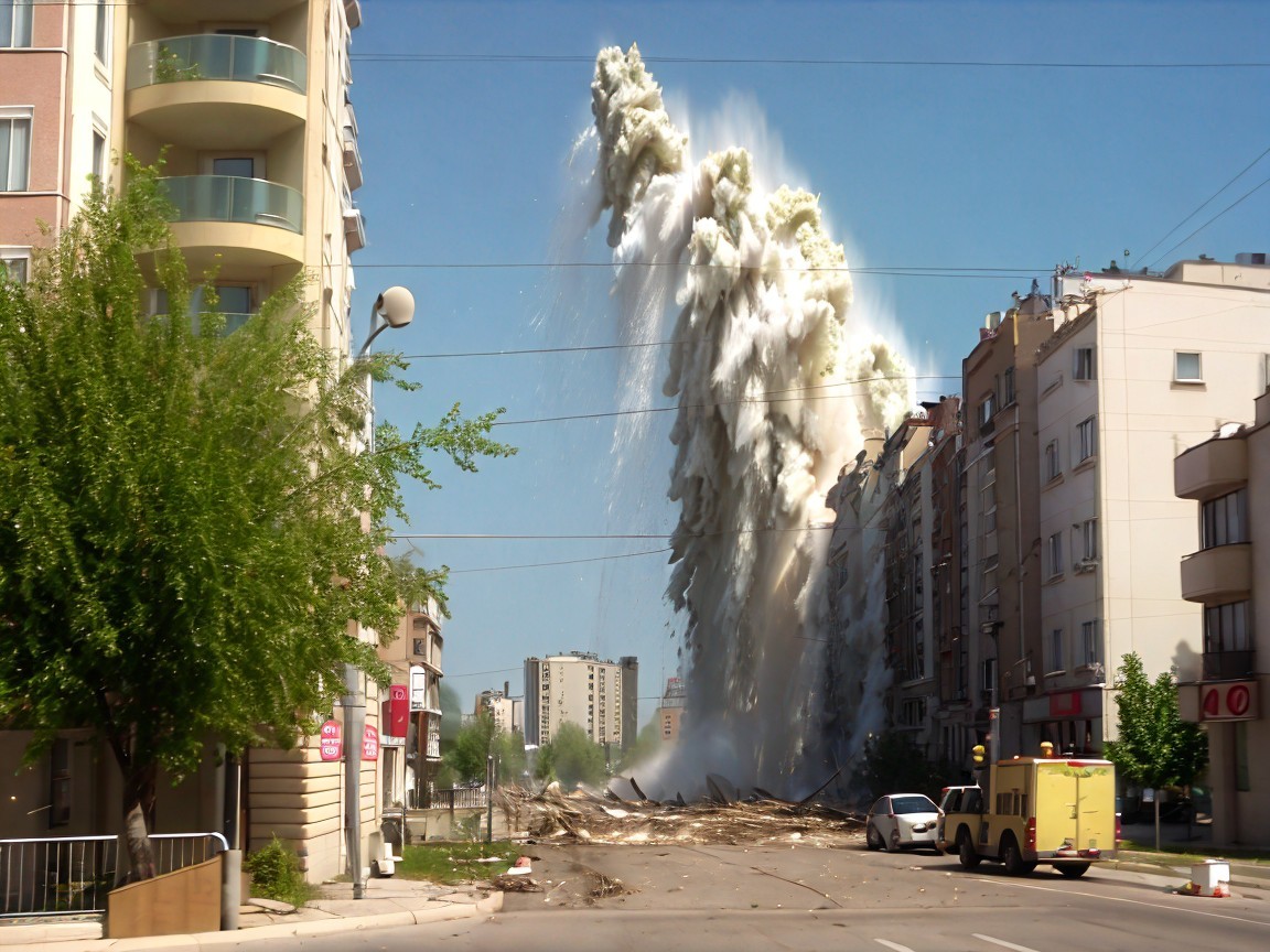 Urban Explosion Creates Dust Cloud and Debris Scene