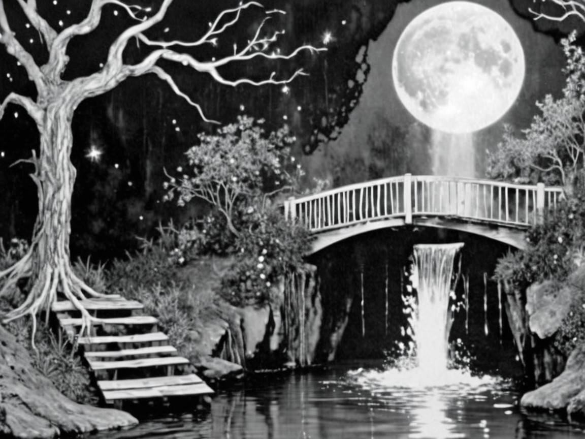 Moonlit Night Over Water with Waterfall and Bridge