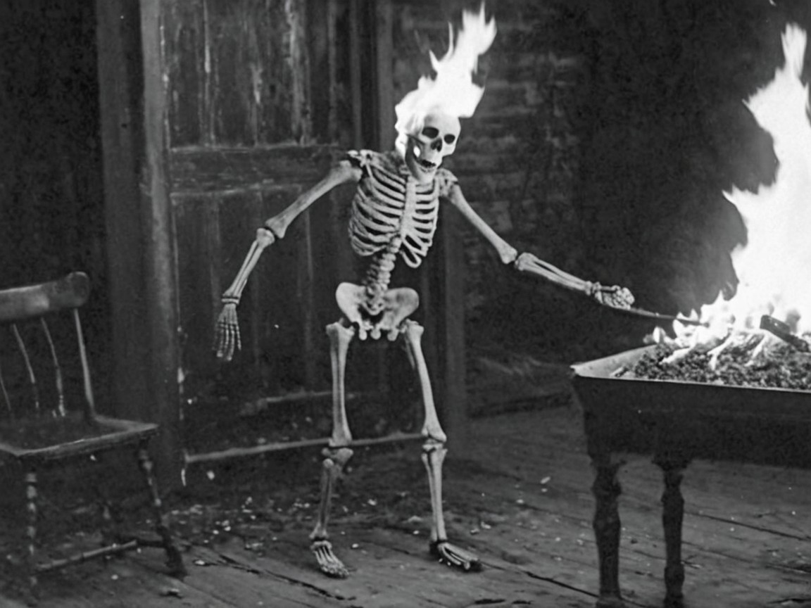 Skeletal Figure Playing with Fire in Dim Room