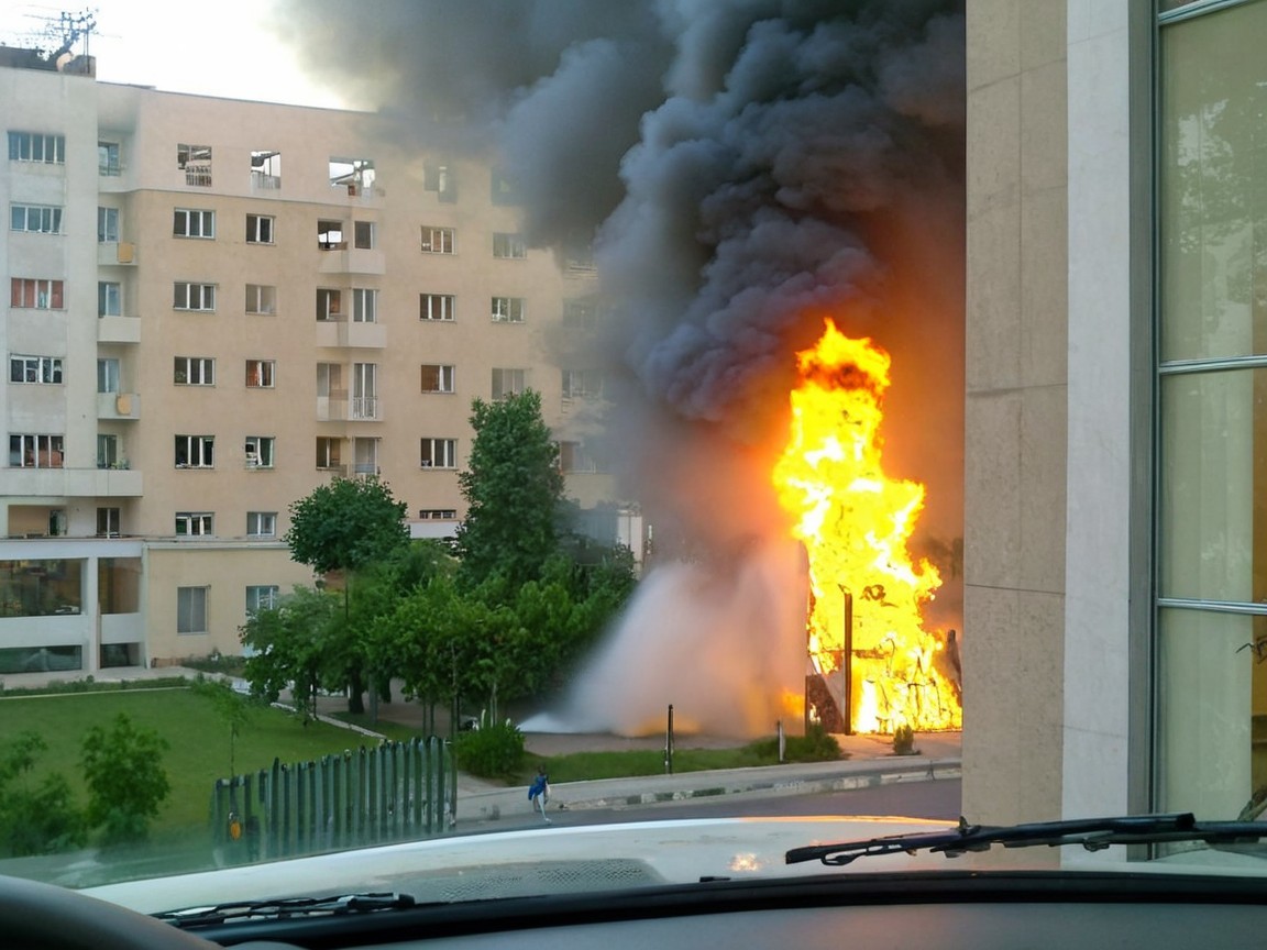 Large building fire with thick black smoke and flames