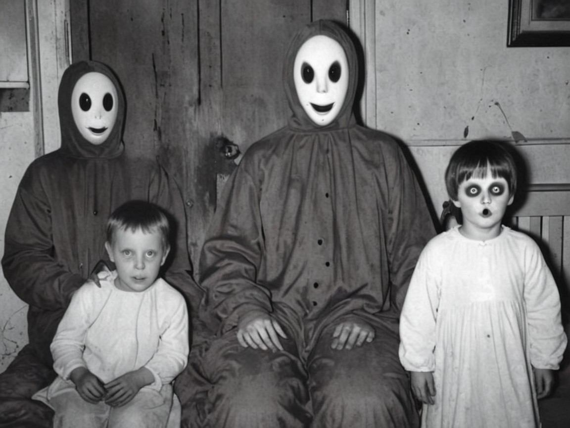 Eerie Scene with Figures in Masks and Haunting Children