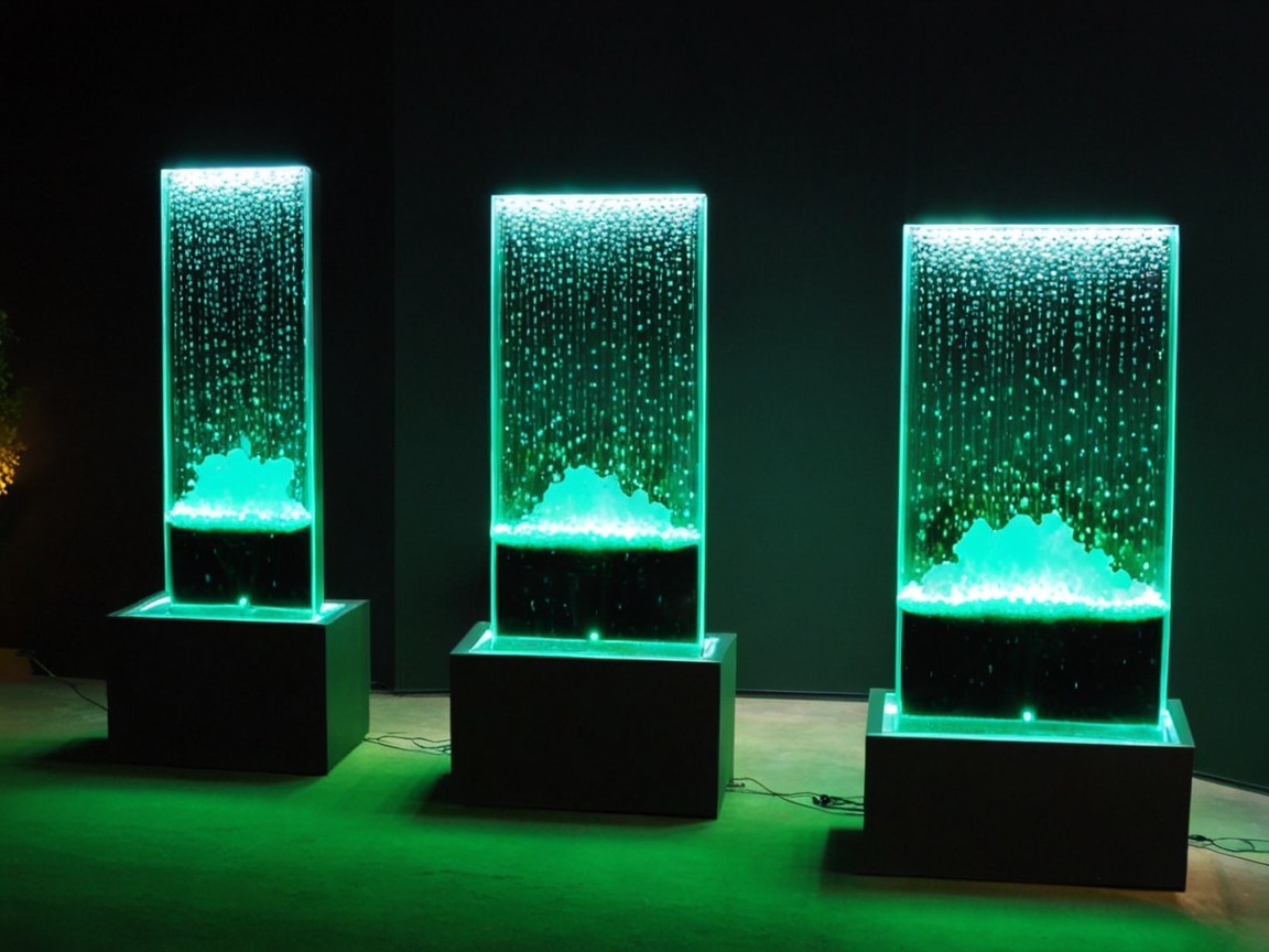 Vertical Aquariums with Green Light and White Spheres