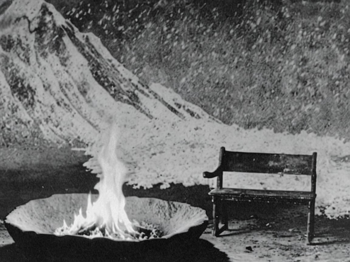 Wooden Bench by Fire Pit with Mountain Silhouettes