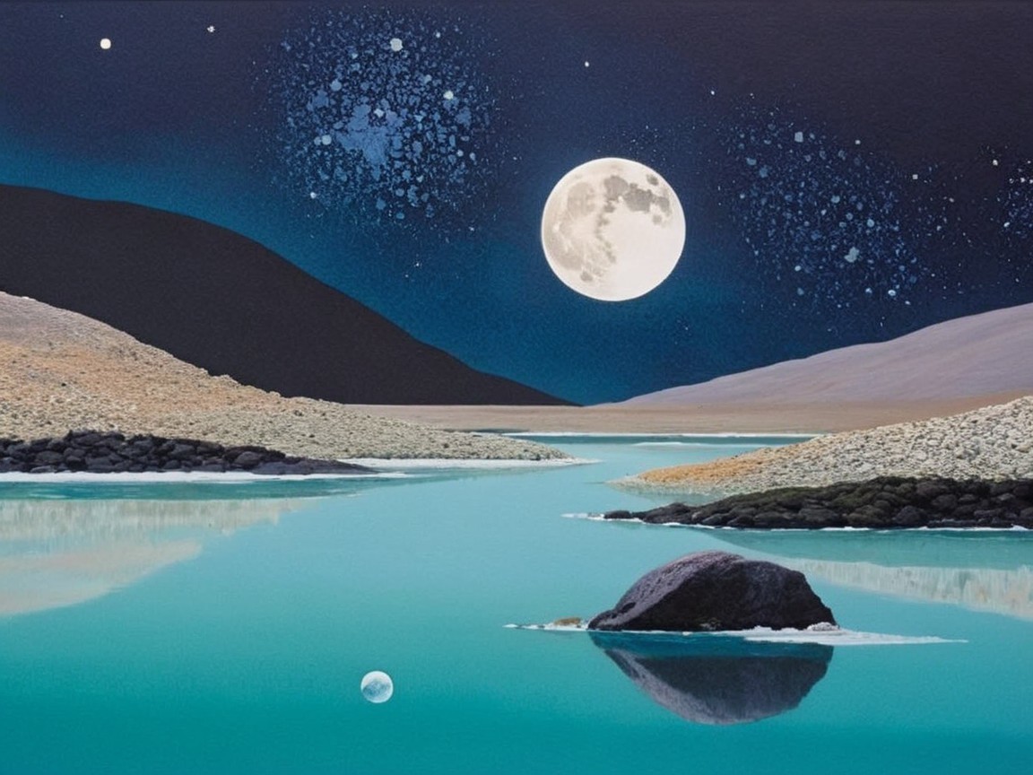 Tranquil Night Scene with Moonlit Water and Hills