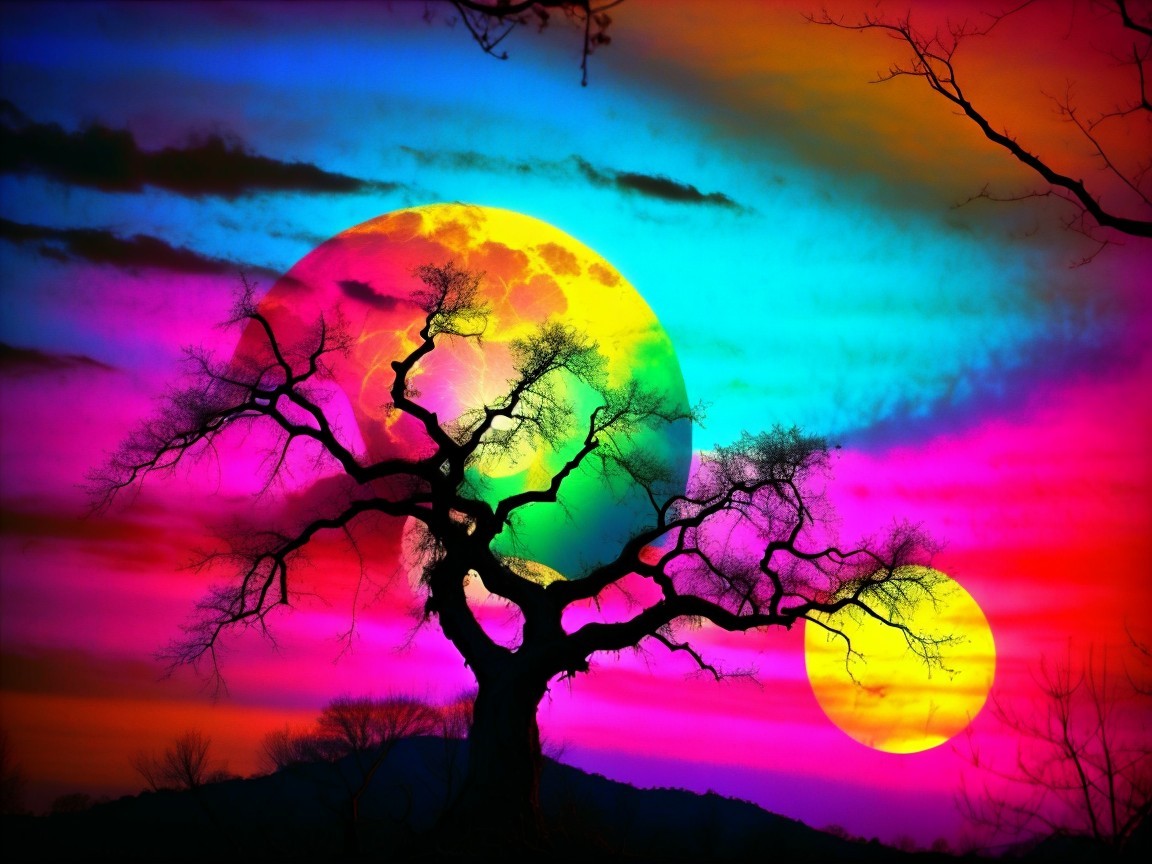 Surreal Landscape with Gnarled Tree and Luminous Suns