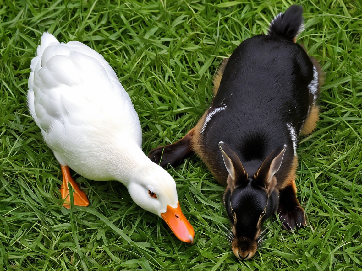 White Duck and Rabbit on Green Lawn Scene