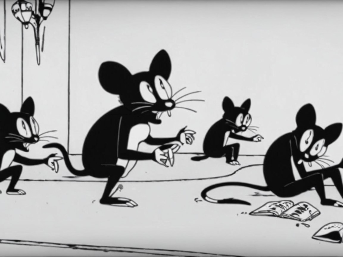 Whimsical Black and White Cartoon Mice Scene