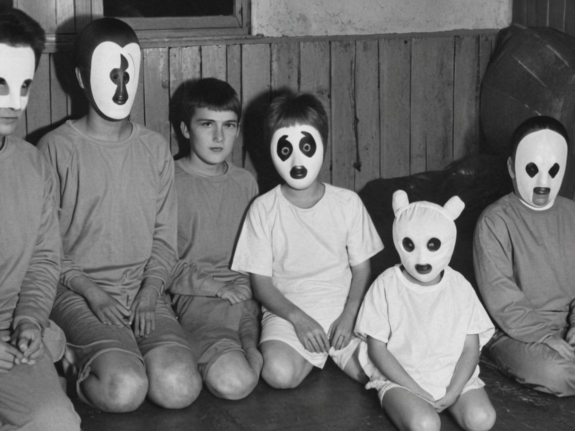 Children in Featureless Animal Masks on Wooden Floor