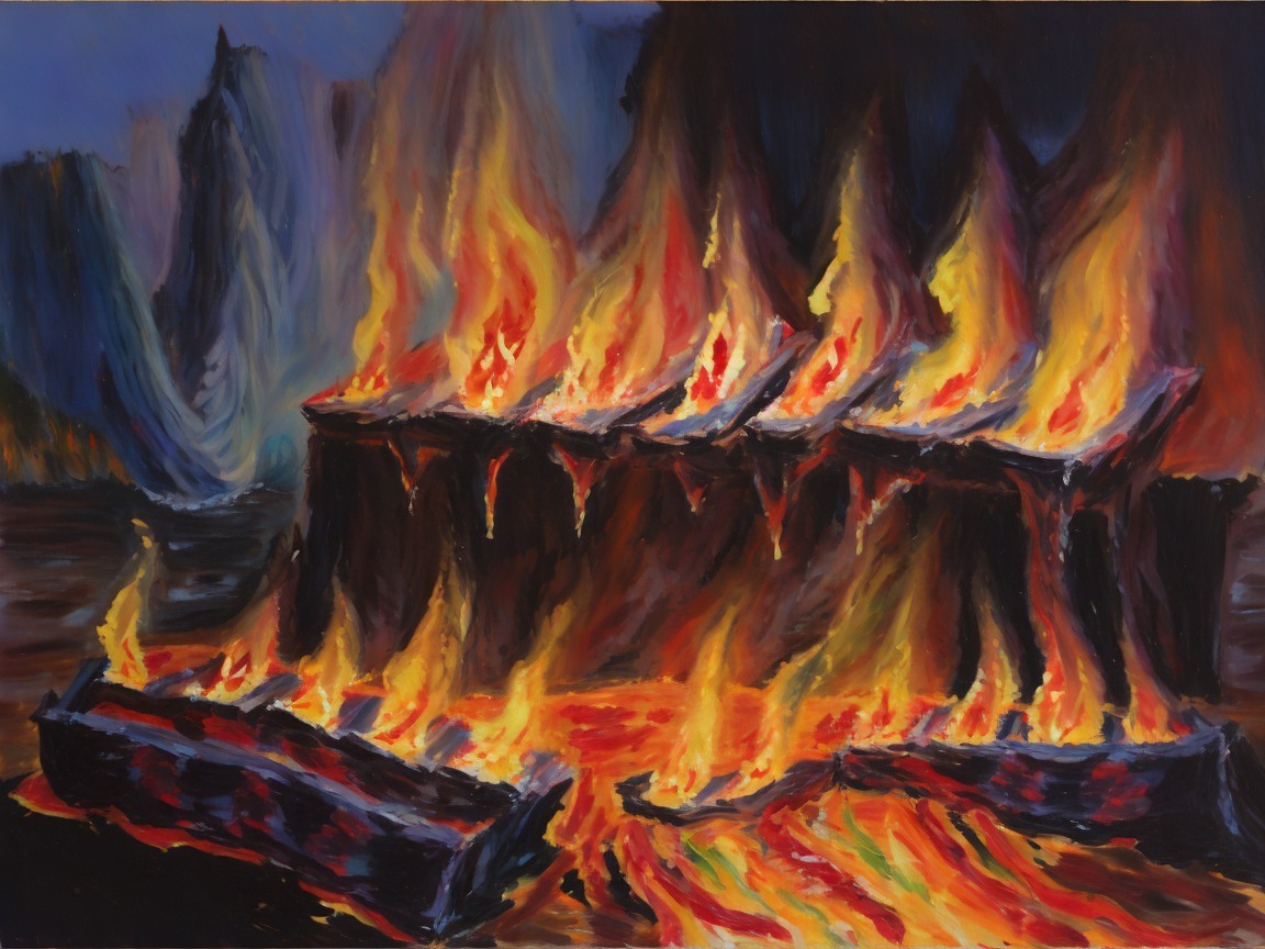 Vibrant Painting of Flames Consuming Wooden Logs