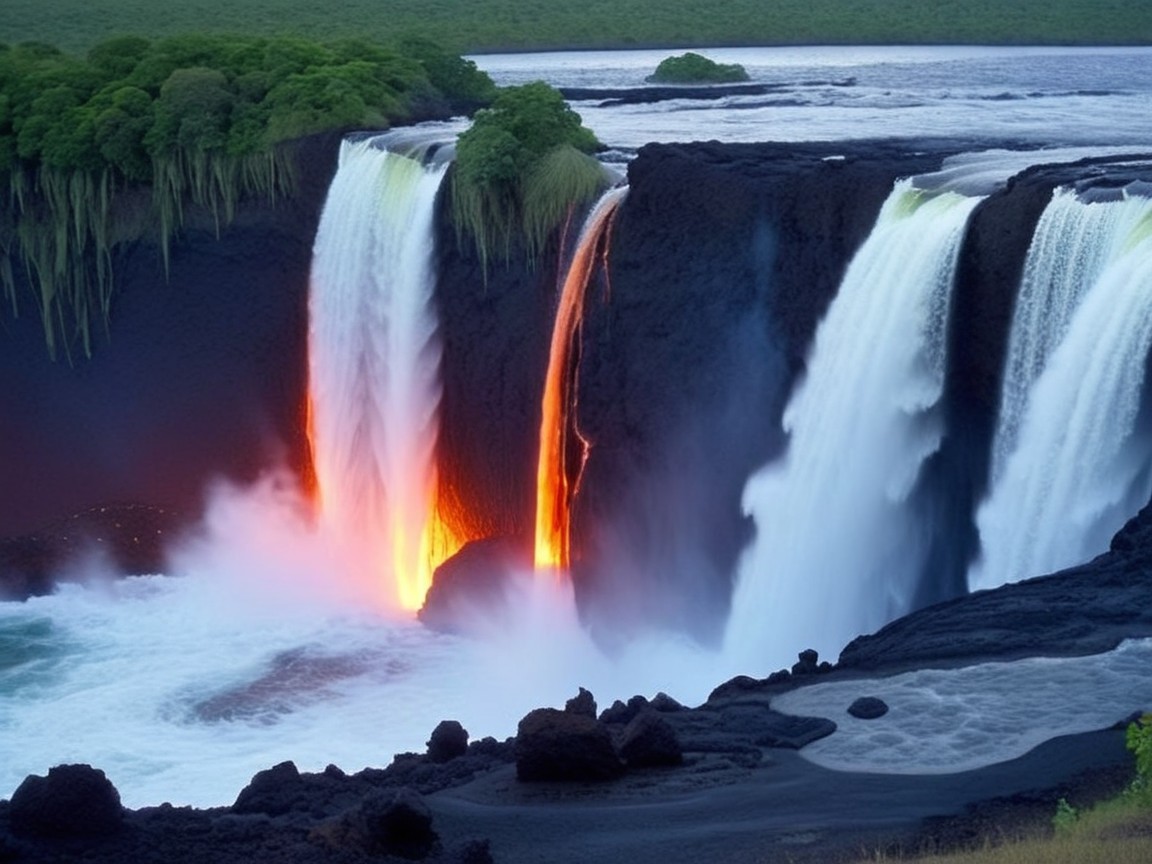 Cascading Waterfall Surrounded by Lush Greenery