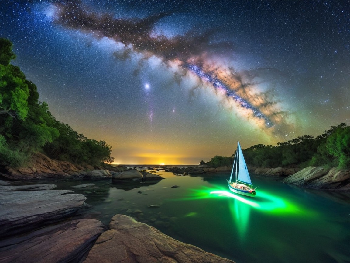 Serene Night Scene with Sailboat and Milky Way View