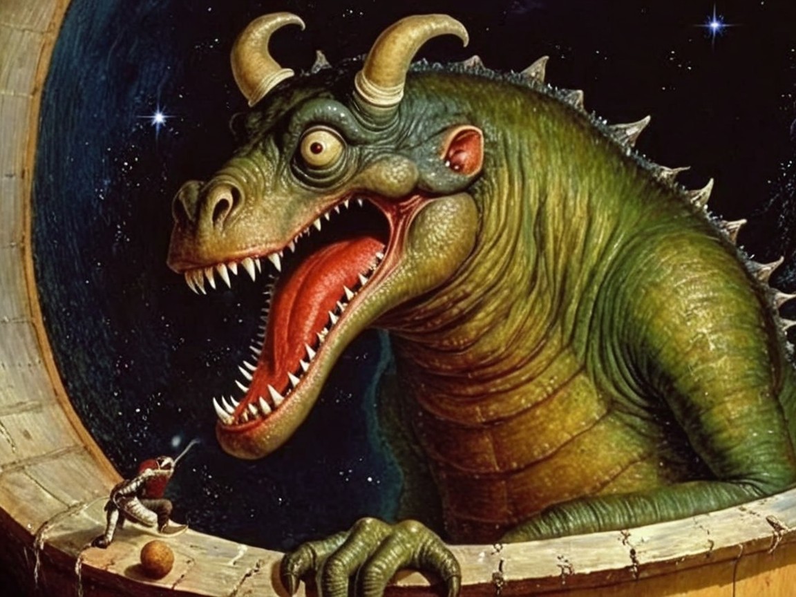 Colossal Dragon with Green Scales in Space Scene