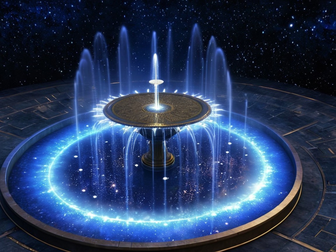 Cosmic Fountain with Blue Light in Starry Night Sky