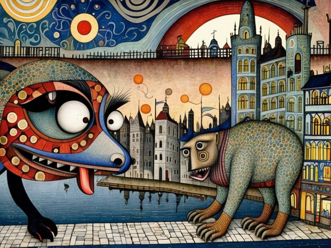 Whimsical Creatures in Colorful Fantasy Cityscape