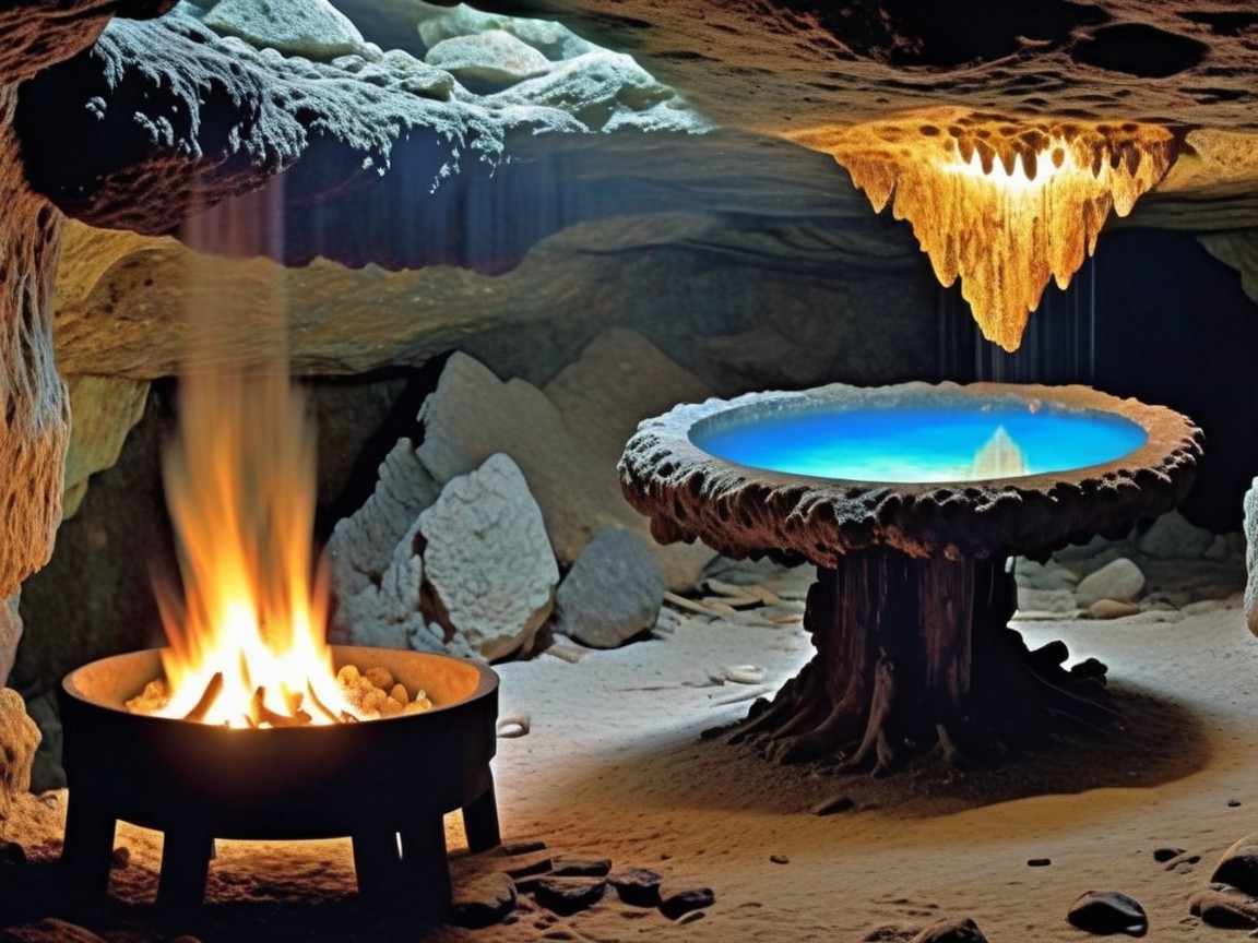 Mystical Cave Interior with Blue Pool and Fire Pit