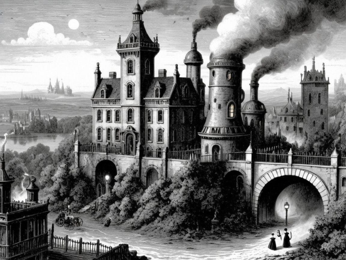 Victorian Castle Illustration with Lush Surroundings