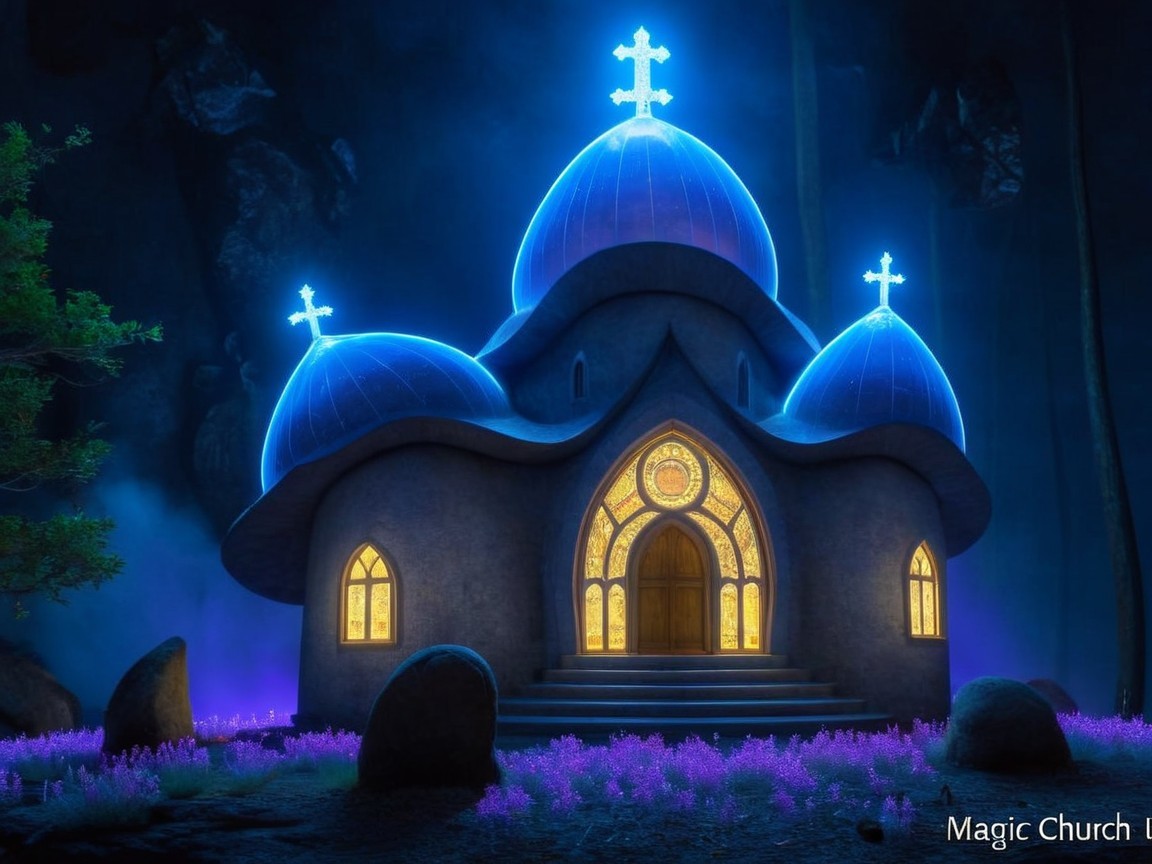 Mystical Church in Serene Forest with Ethereal Lights