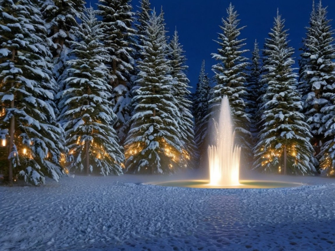 Winter Night Scene with Fountain and Snowy Pines