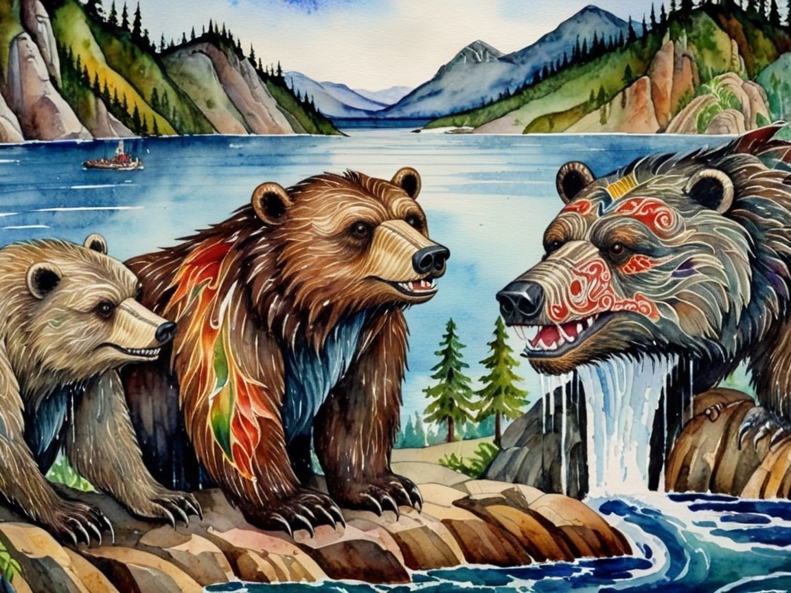 Three Bears by a Serene Lake in Mountain Landscape