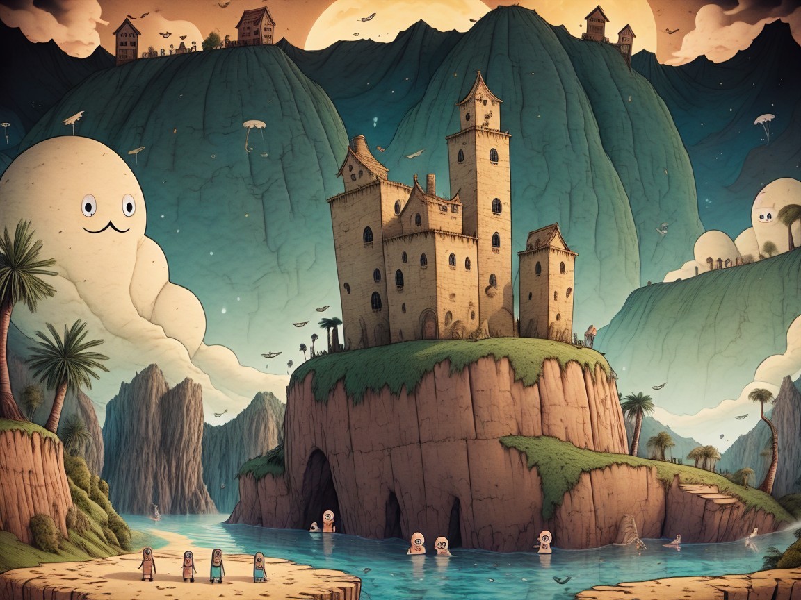 Whimsical Landscape with Castle and Cheerful Figures