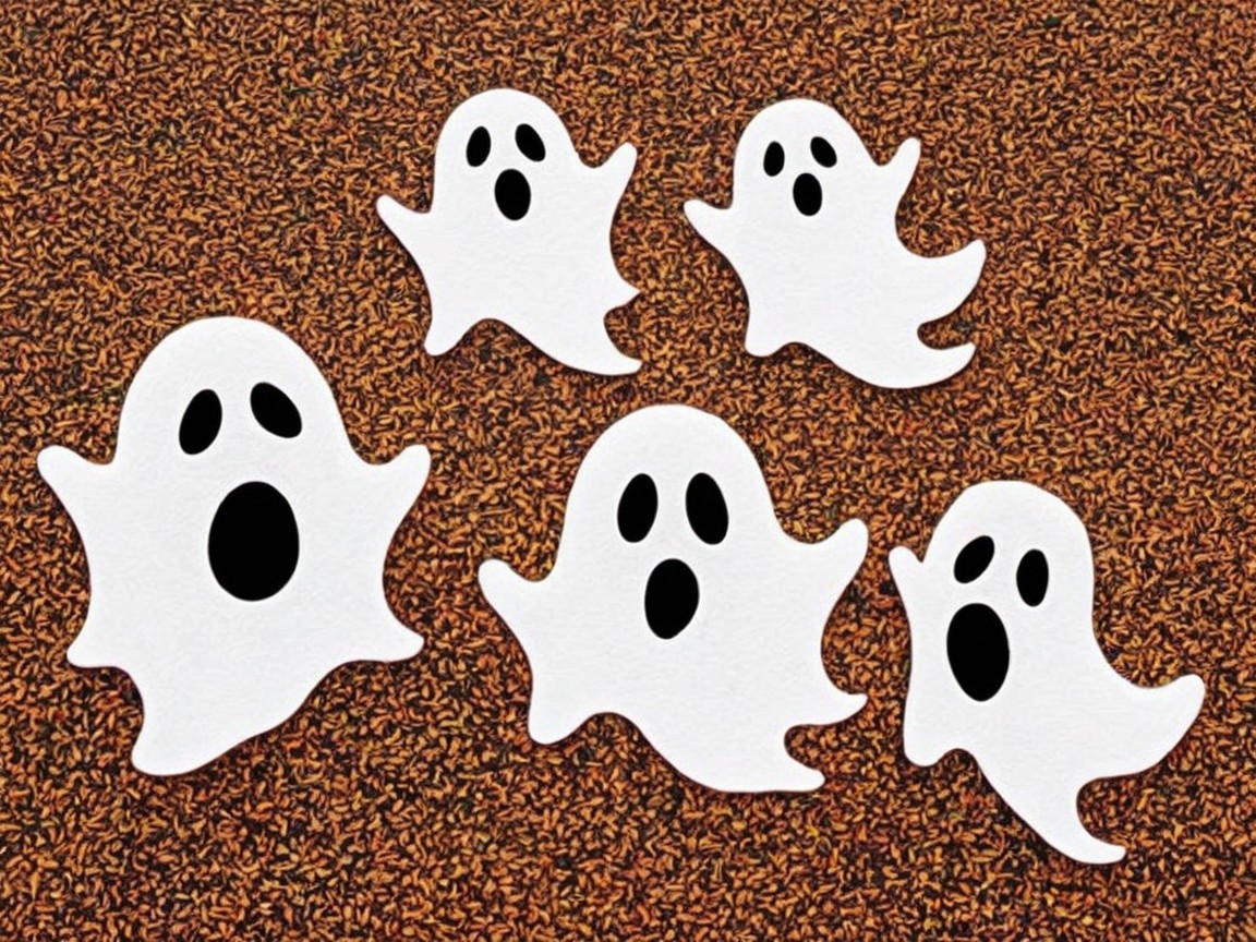 Five Cartoonish White Ghosts with Surprised Expressions