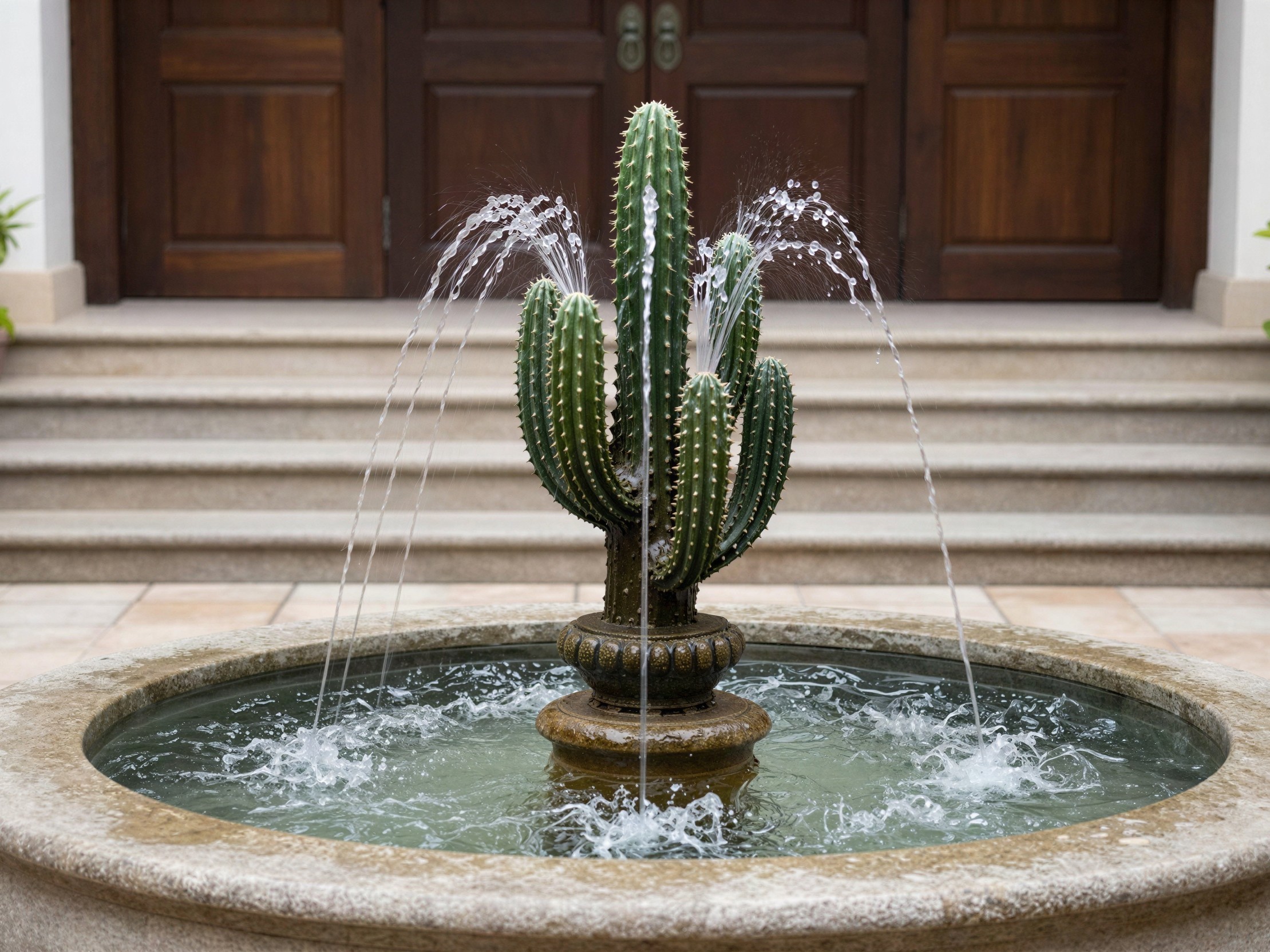 Cactus-Shaped Water Fountain with Stone Basin and Steps