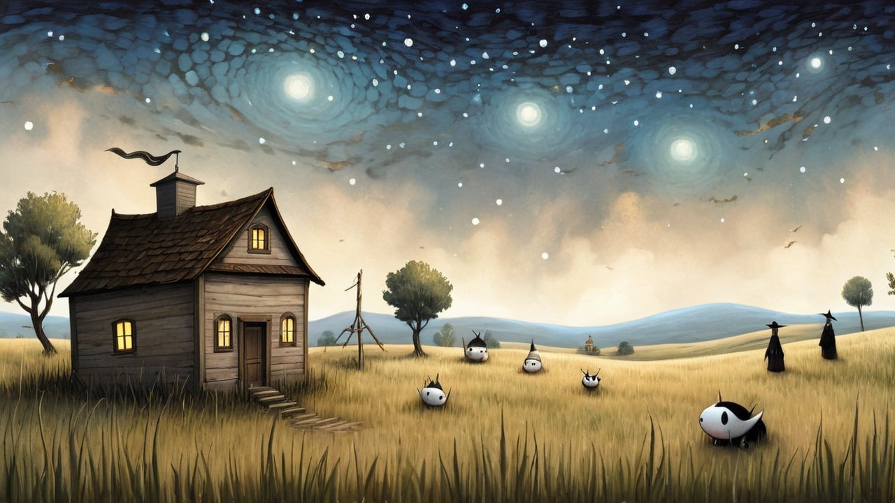 Whimsical Landscape with Wooden House and Creatures