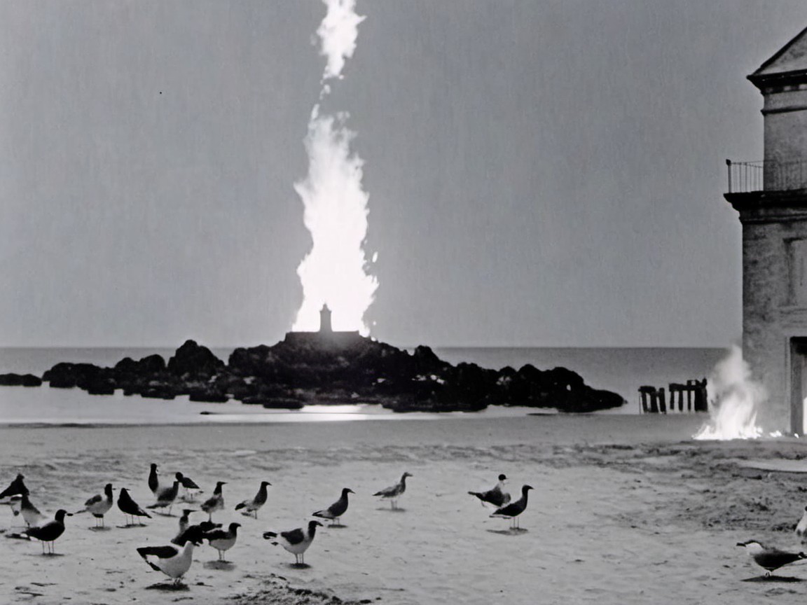 Serene Beach Scene with Flame and Seagulls in Contrast