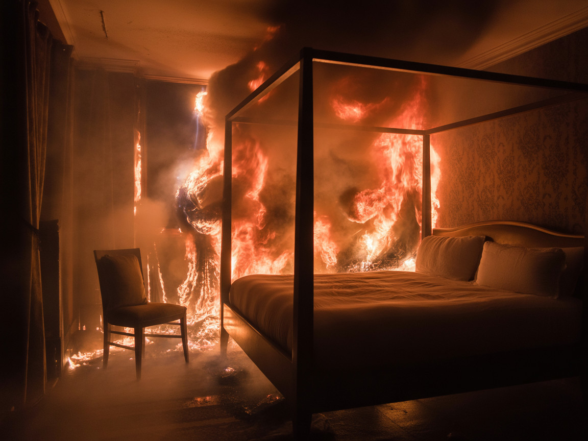 Bedroom on Fire with Four-Poster Bed and Smoke