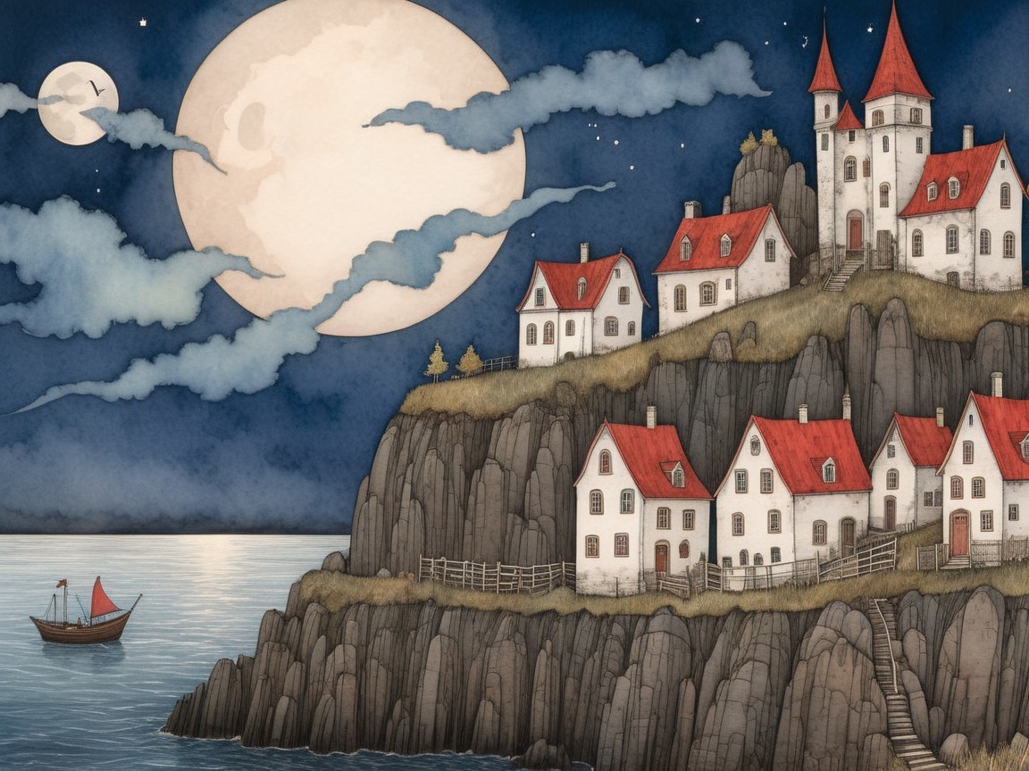 Moonlit Coastal Village with Charming Houses and Stars