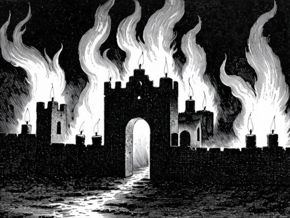 Castle in Flames Surrounded by Thick Smoke and Darkness
