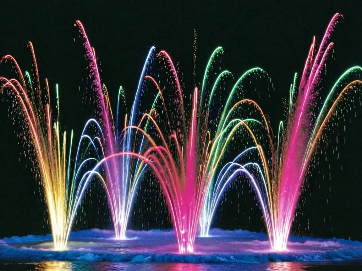 Colorful Water Fountains Illuminate Night Sky