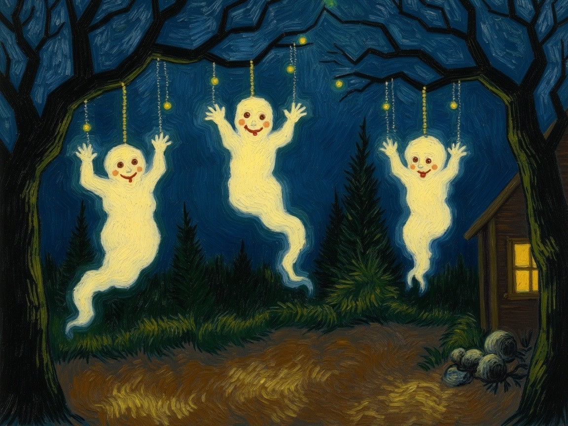 Cheerful Ghosts in a Moonlit Forest Scene