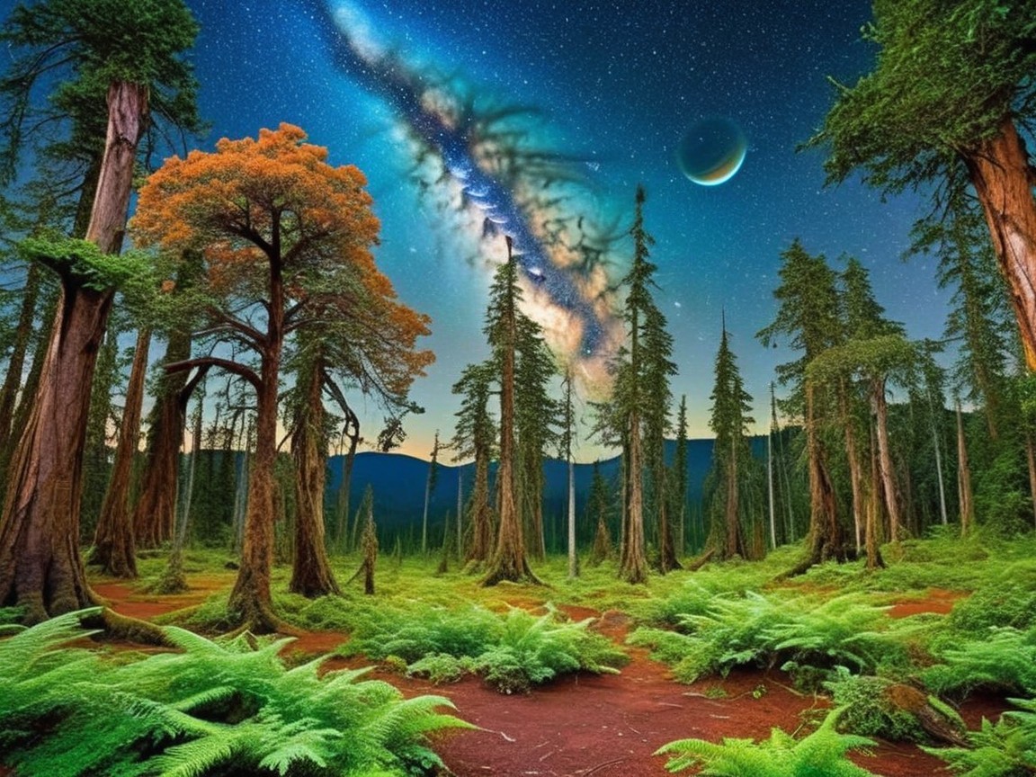 Forest Scene with Milky Way and Autumn Foliage