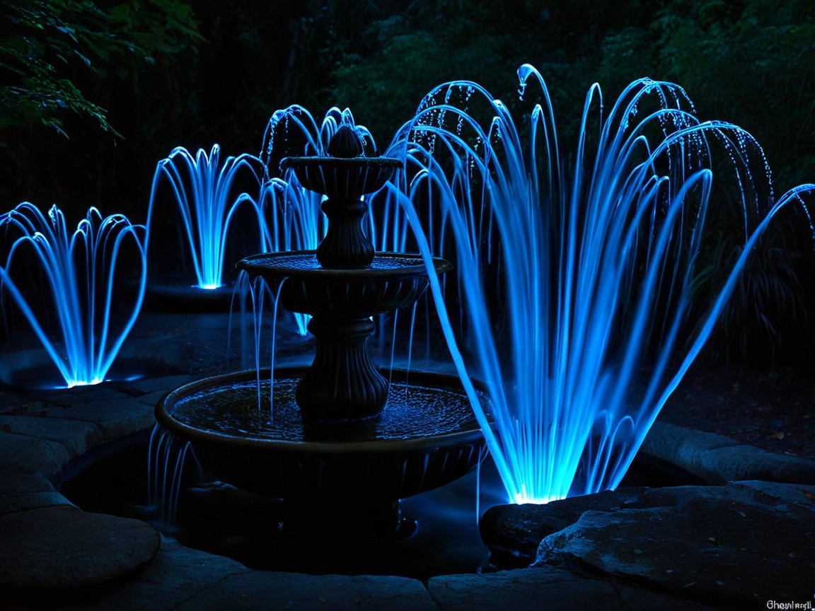 Illuminated Fountain in a Nighttime Garden Scene