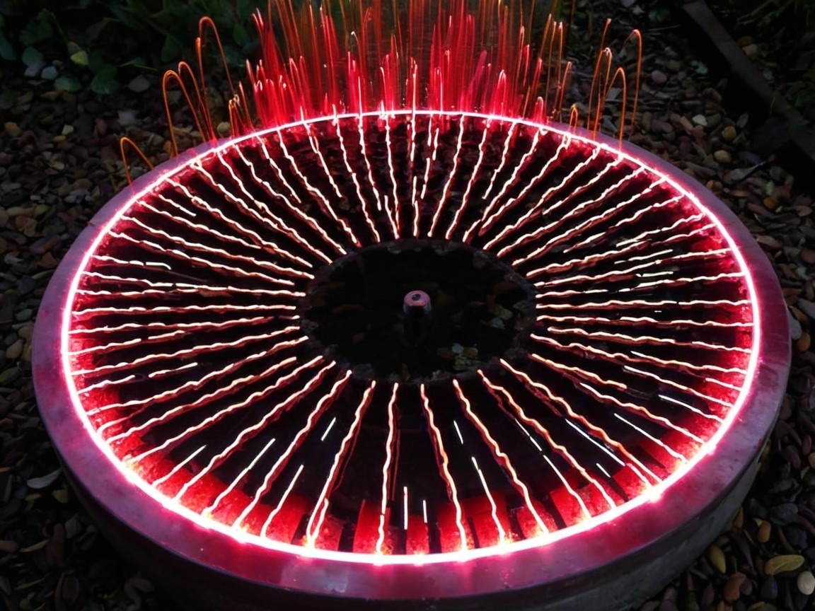Circular fountain with illuminated water jets and greenery