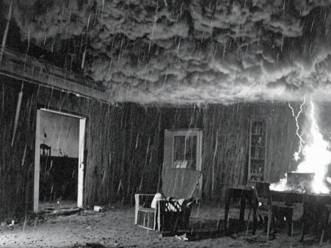 Abandoned Room in Storm with Lightning and Flames