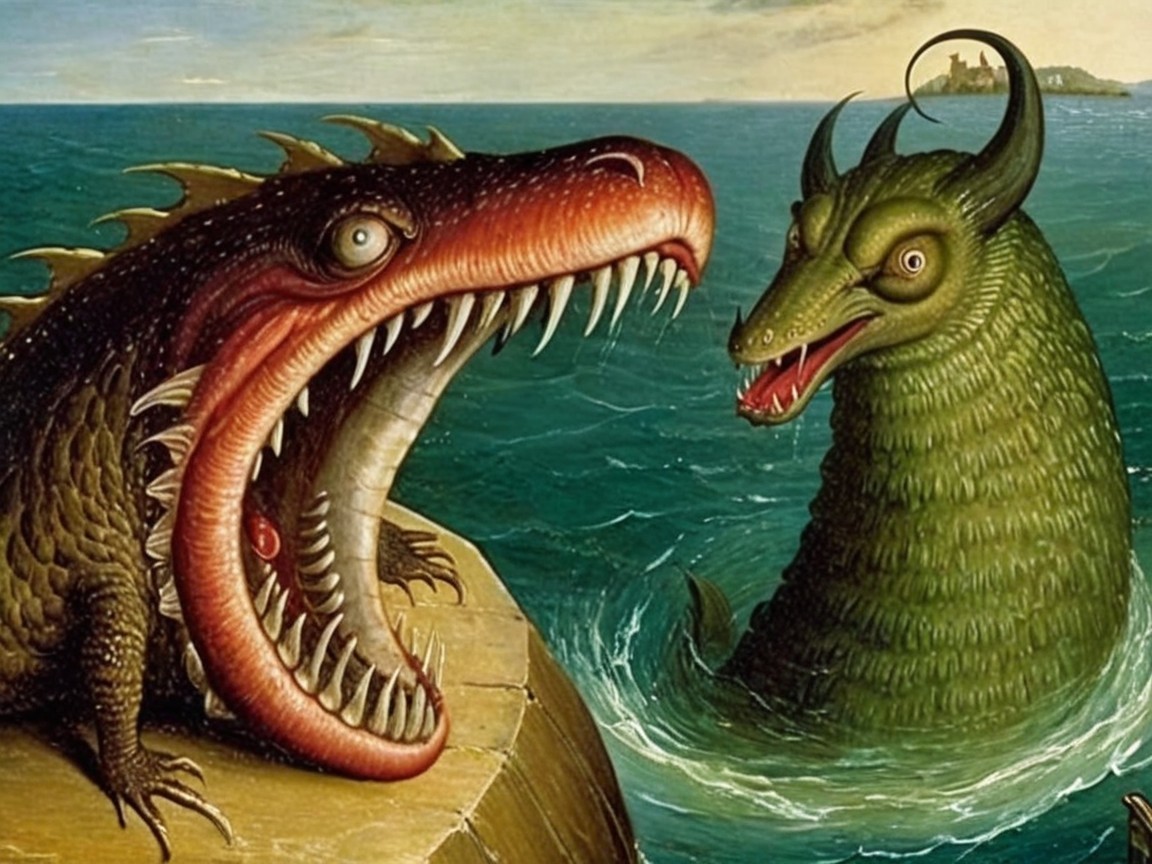 Mythical Sea Creatures in Dramatic Confrontation Scene