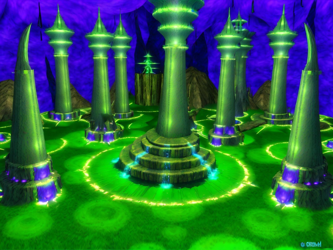 Vibrant Otherworldly Cavern with Green Pillars