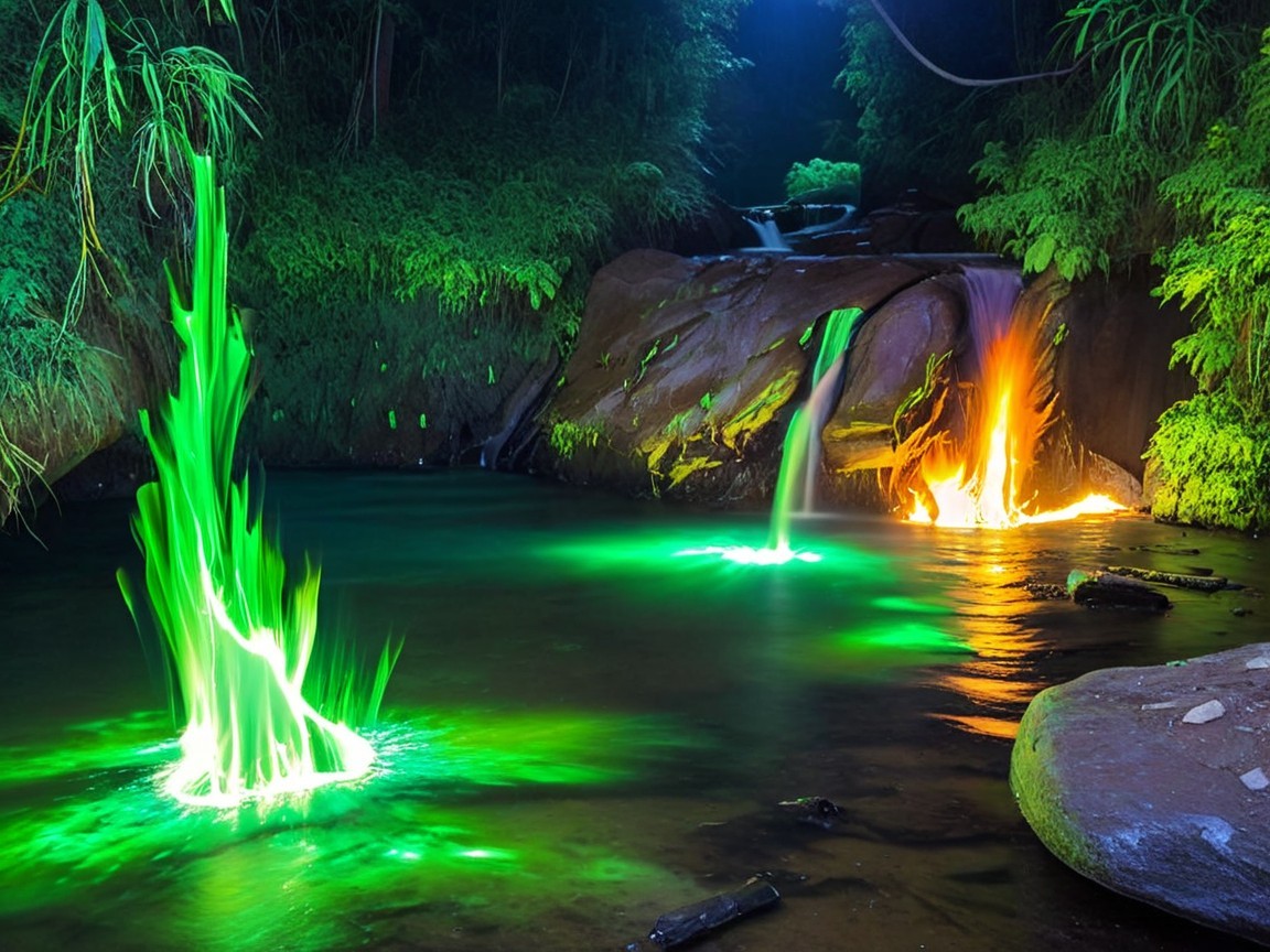 Serene Stream with Colorful Waterfalls in Lush Greenery