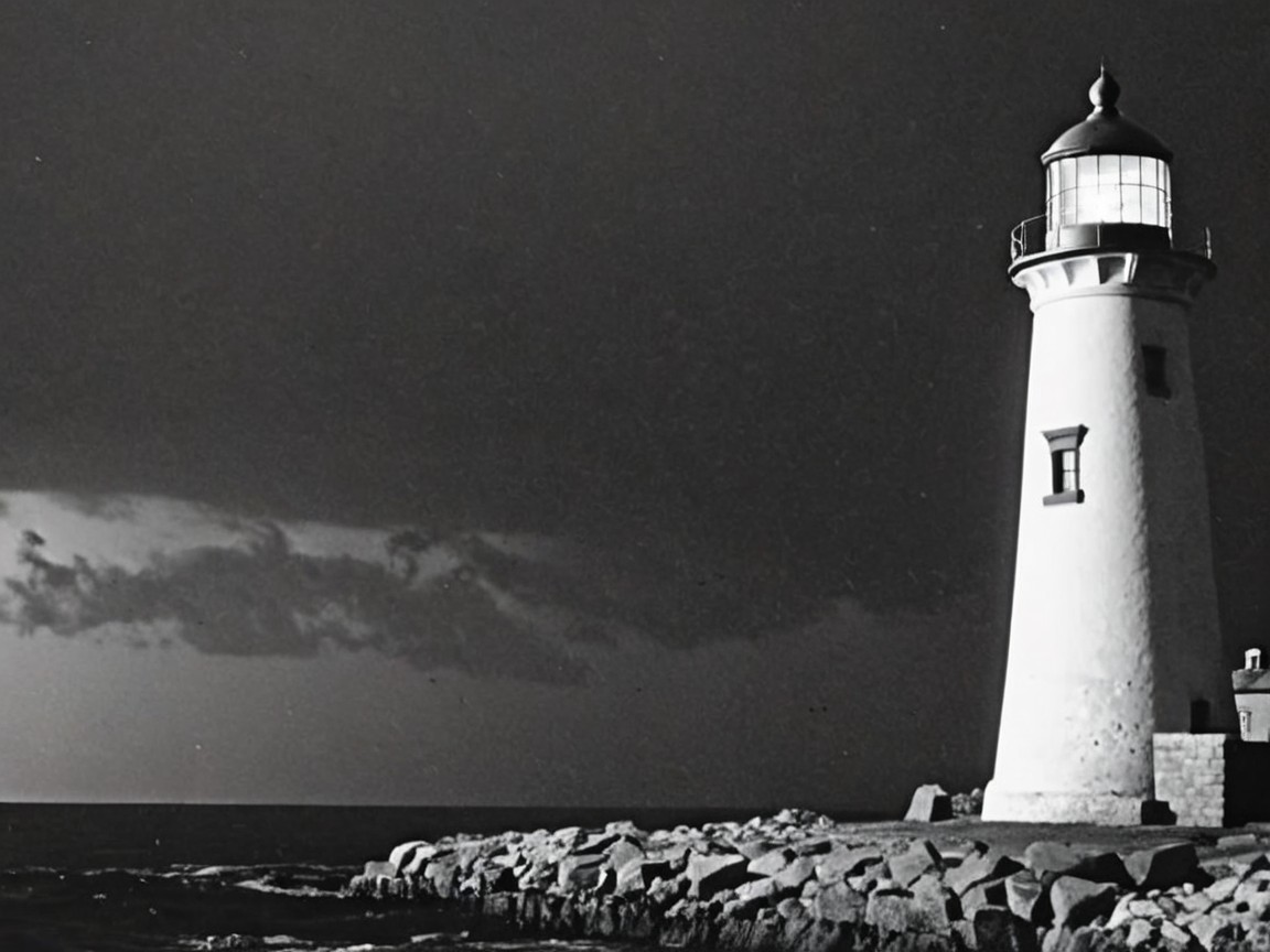 Tall White Lighthouse on Rocky Shore Under Stormy Sky